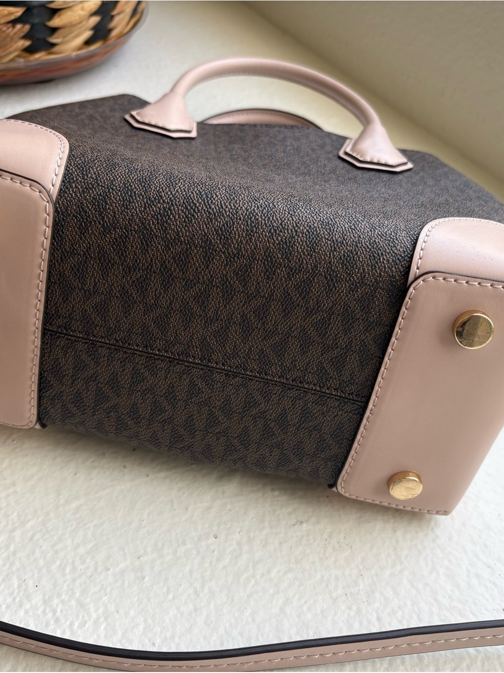 Michael Kors Brown Monogram Satchel with Blush Trim - Picture 4 of 5